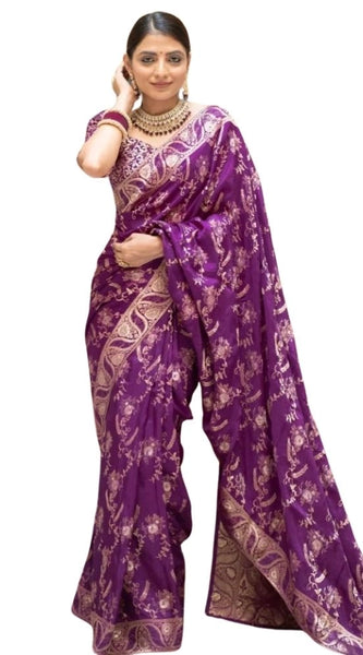 Mayawye Women's Silk Printed Saree With Unstitched Blouse 5.5Mtr (Purple)