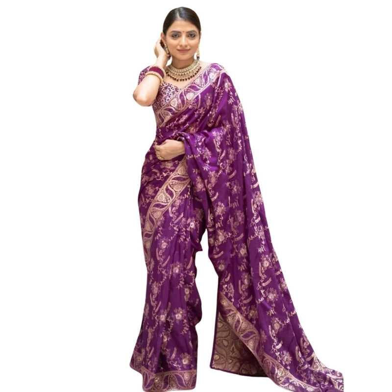 Mayawye Women's Silk Printed Saree With Unstitched Blouse 5.5Mtr (Purple)