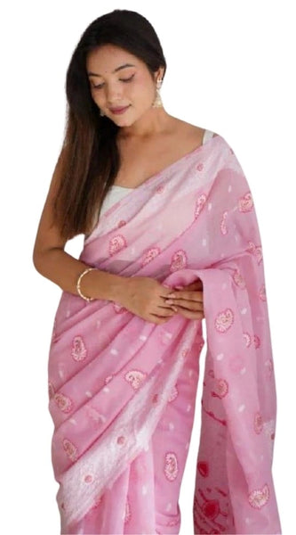 Mayawye Women's Cotton  Printed Saree With Unstitched Blouse 5.5Mtr (Pink)
