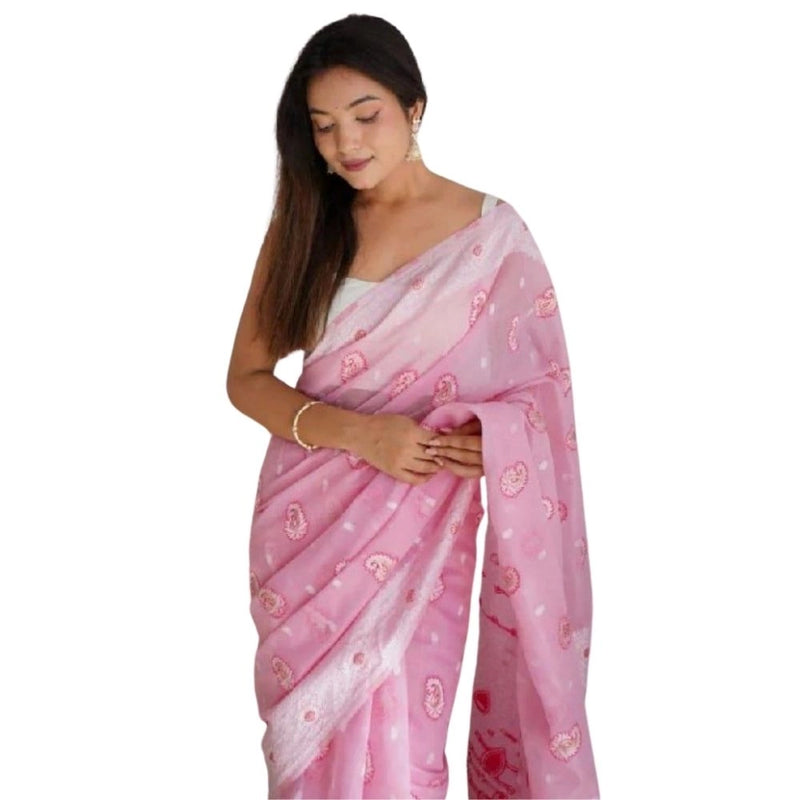 Mayawye Women's Cotton  Printed Saree With Unstitched Blouse 5.5Mtr (Pink)