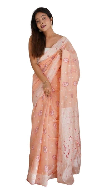 Mayawye Women's Cotton  Printed Saree With Unstitched Blouse 5.5Mtr (Peach)