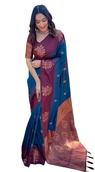 Mayawye Women's Silk Printed Saree With Unstitched Blouse 5.5Mtr (Blue)