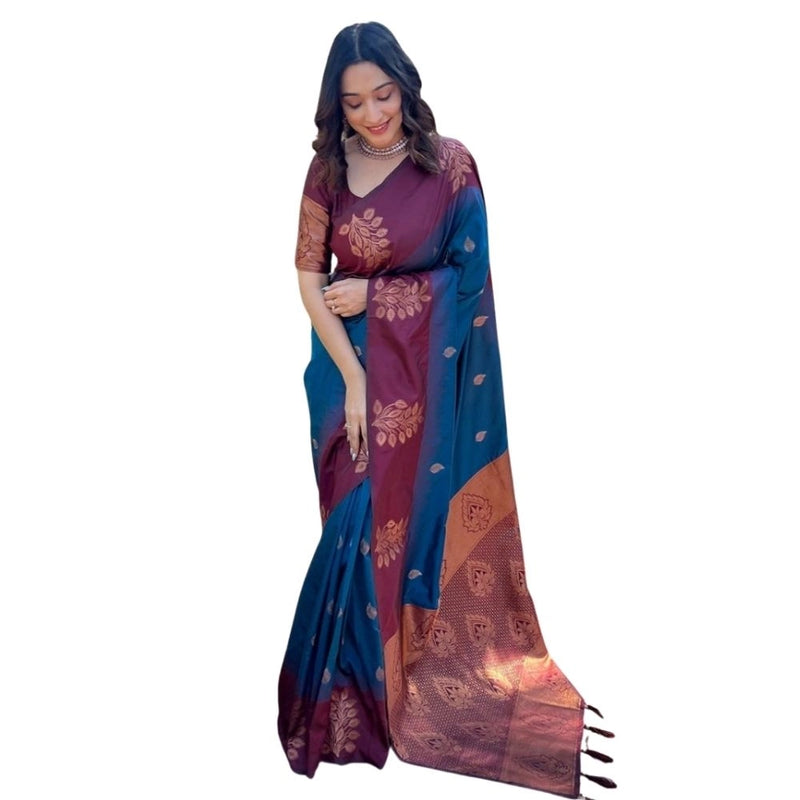 Mayawye Women's Silk Printed Saree With Unstitched Blouse 5.5Mtr (Blue)