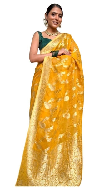 Mayawye Women's Silk Printed Saree With Unstitched Blouse 5.5Mtr (Gold Yellow)
