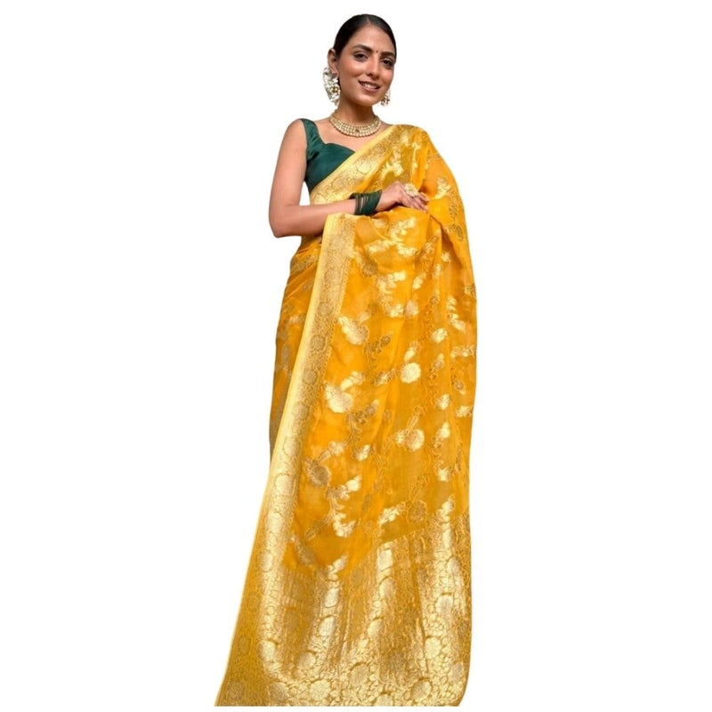 Mayawye Women's Silk Printed Saree With Unstitched Blouse 5.5Mtr (Gold Yellow)