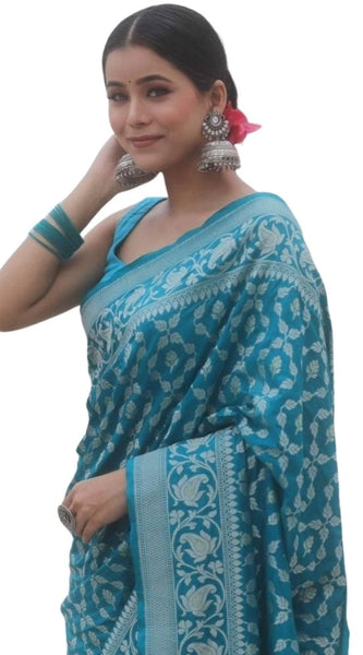 Mayawye Women's Silk Printed Saree With Unstitched Blouse 5.5Mtr (Sky Blue)