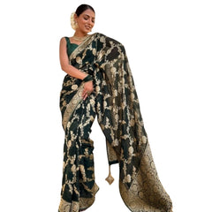 Mayawye Women's Silk Printed Saree With Unstitched Blouse 5.5Mtr (Dark Green)