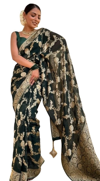 Mayawye Women's Silk Printed Saree With Unstitched Blouse 5.5Mtr (Dark Green)