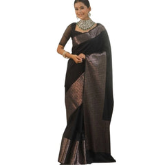 Mayawye Women's Silk Printed Saree With Unstitched Blouse 5.5Mtr (Black)