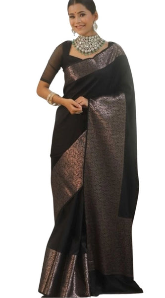 Mayawye Women's Silk Printed Saree With Unstitched Blouse 5.5Mtr (Black)