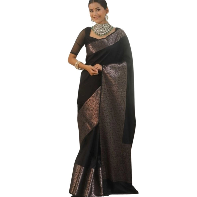 Mayawye Women's Silk Printed Saree With Unstitched Blouse 5.5Mtr (Black)