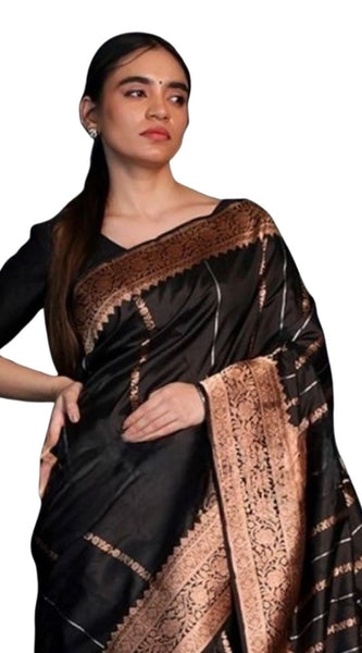 Mayawye Women's Silk Printed Saree With Unstitched Blouse 5.5Mtr (Black)