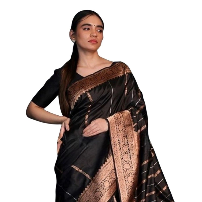 Mayawye Women's Silk Printed Saree With Unstitched Blouse 5.5Mtr (Black)
