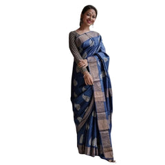 Mayawye Women's Silk Printed Saree With Unstitched Blouse 5.5Mtr (Navy Blue)