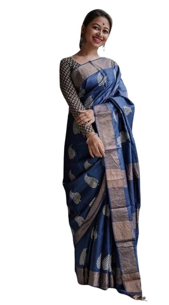 Mayawye Women's Silk Printed Saree With Unstitched Blouse 5.5Mtr (Navy Blue)
