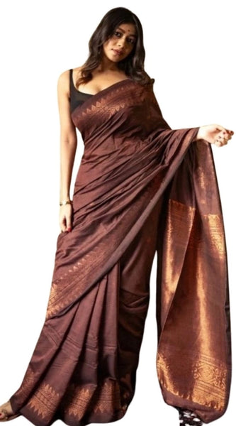 Mayawye Women's Silk Printed Saree With Unstitched Blouse 5.5Mtr (Coffee)