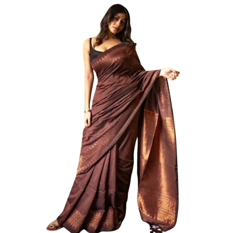 Mayawye Women's Silk Printed Saree With Unstitched Blouse 5.5Mtr (Coffee)