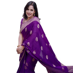Mayawye Women's Silk Printed Saree With Unstitched Blouse 5.5Mtr (Purple)