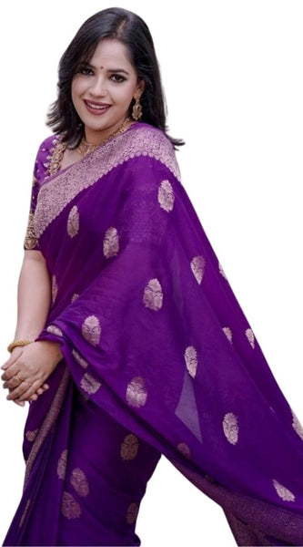 Mayawye Women's Silk Printed Saree With Unstitched Blouse 5.5Mtr (Purple)