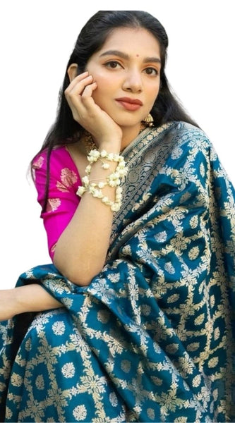 Mayawye Women's Silk Printed Saree With Unstitched Blouse 5.5Mtr (Sky Blue)