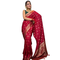 Mayawye Women's Silk Printed Saree With Unstitched Blouse 5.5Mtr (Red)