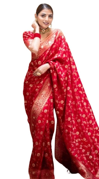Mayawye Women's Silk Printed Saree With Unstitched Blouse 5.5Mtr (Red)