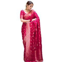 Mayawye Women's Silk Printed Saree With Unstitched Blouse 5.5Mtr (Rani Pink)