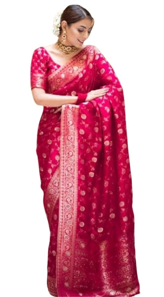 Mayawye Women's Silk Printed Saree With Unstitched Blouse 5.5Mtr (Rani Pink)