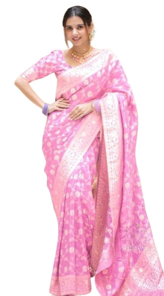 Mayawye Women's Silk Printed Saree With Unstitched Blouse 5.5Mtr (Pink)