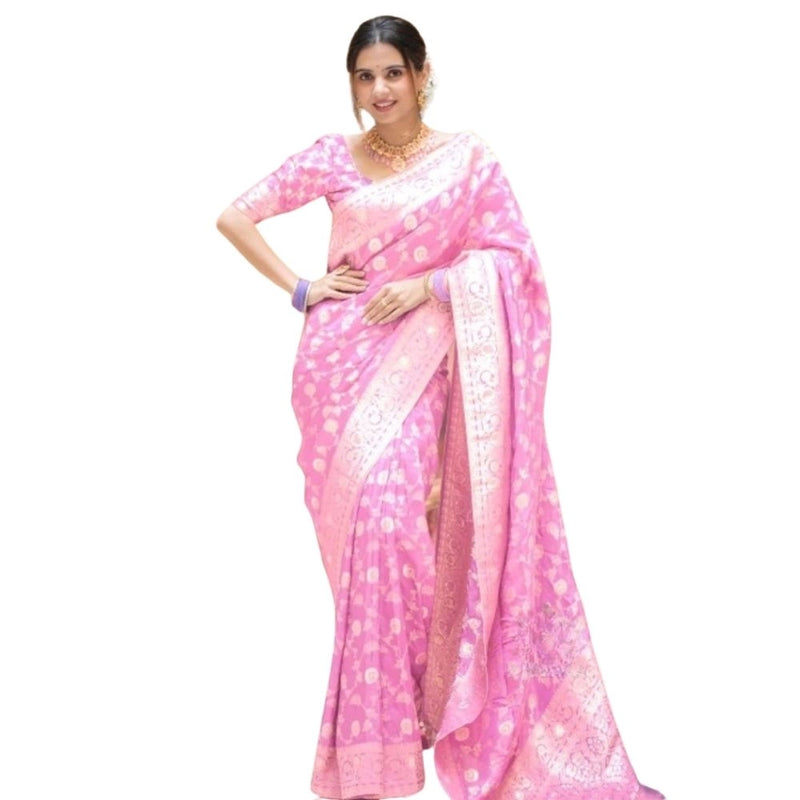 Mayawye Women's Silk Printed Saree With Unstitched Blouse 5.5Mtr (Pink)