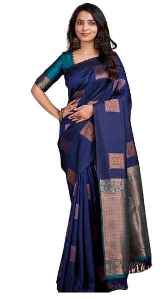 Mayawye Women's Silk Printed Saree With Unstitched Blouse 5.5Mtr (Navy Blue)