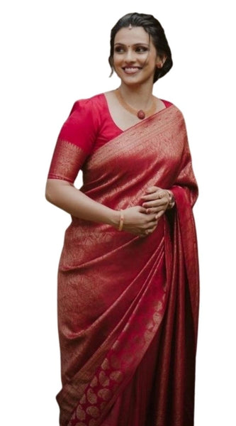 Mayawye Women's Silk Printed Saree With Unstitched Blouse 5.5Mtr (Red)