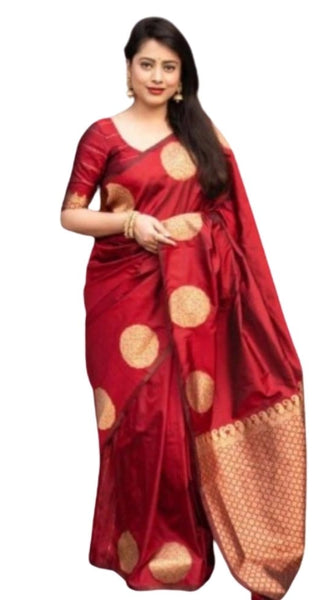 Mayawye Women's Silk Printed Saree With Unstitched Blouse 5.5Mtr (Red)