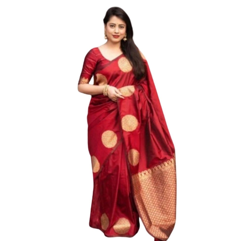 Mayawye Women's Silk Printed Saree With Unstitched Blouse 5.5Mtr (Red)