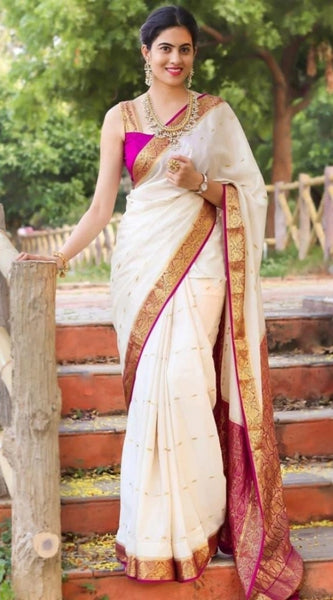 Mayawye Women's Silk Printed Saree With Unstitched Blouse 5.5Mtr (White)