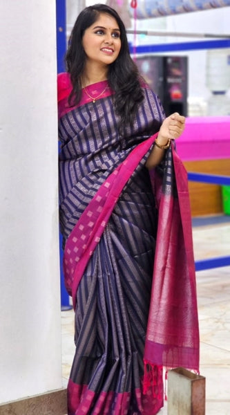 Mayawye Women's Silk Printed Saree With Unstitched Blouse 5.5Mtr (Navy Blue)