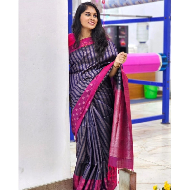Mayawye Women's Silk Printed Saree With Unstitched Blouse 5.5Mtr (Navy Blue)