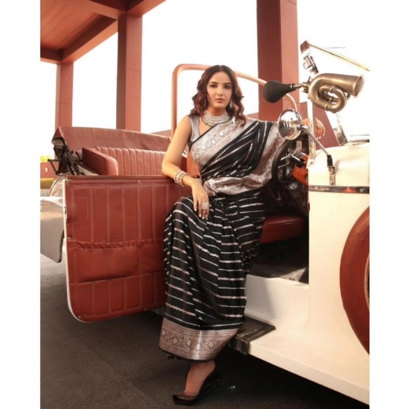 Mayawye Women's Silk Printed Saree With Unstitched Blouse 5.5Mtr (Black)