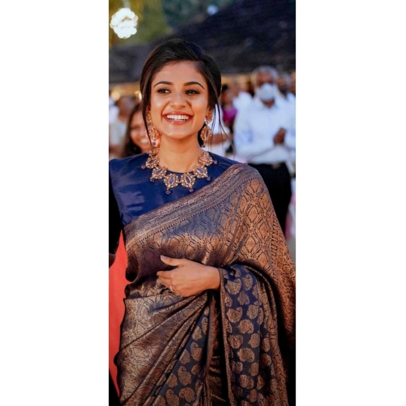 Mayawye Women's Silk Printed Saree With Unstitched Blouse 5.5Mtr (Blue)