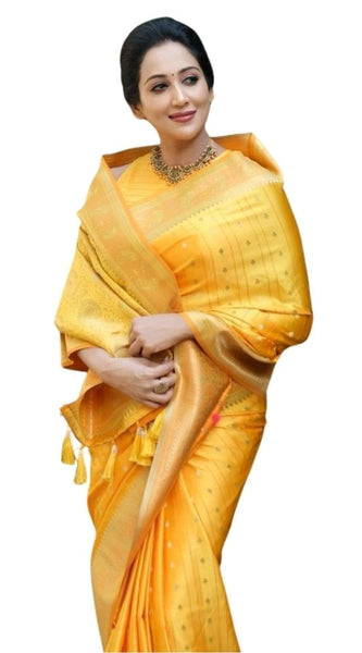Mayawye Women's Silk Printed Saree With Unstitched Blouse 5.5Mtr (Yellow)