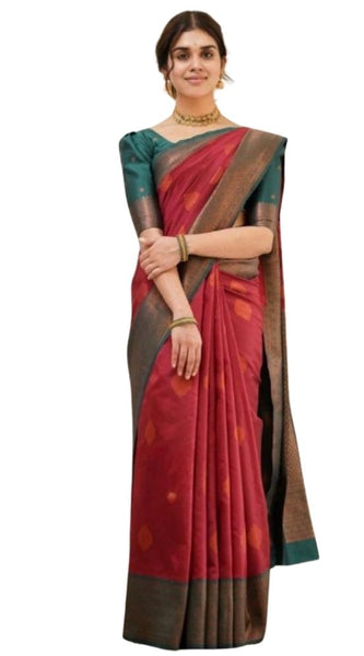 Mayawye Women's Silk Printed Saree With Unstitched Blouse 5.5Mtr (Red)