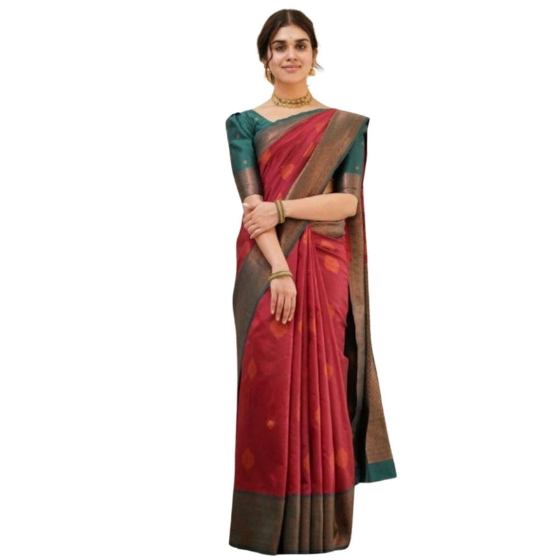 Mayawye Women's Silk Printed Saree With Unstitched Blouse 5.5Mtr (Red)