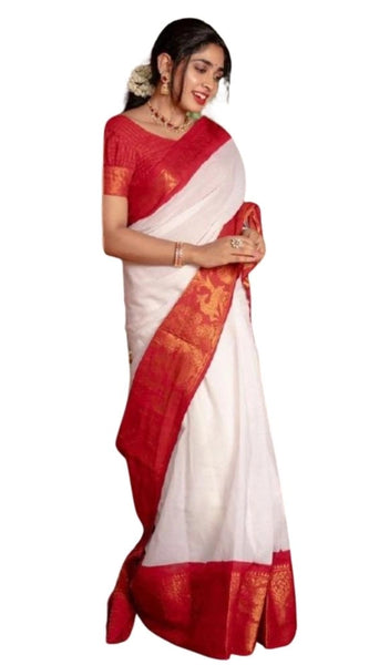 Mayawye Women's Silk Printed Saree With Unstitched Blouse 5.5Mtr (White)