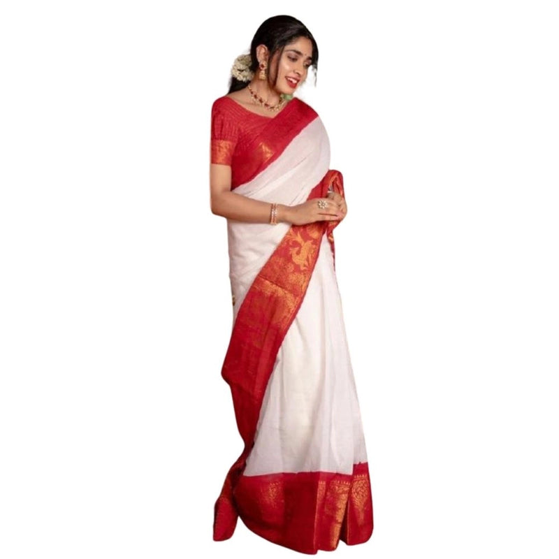 Mayawye Women's Silk Printed Saree With Unstitched Blouse 5.5Mtr (White)