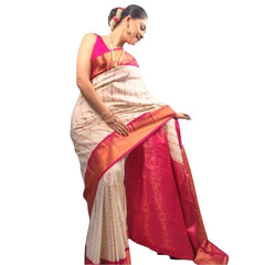 Mayawye Women's Silk Printed Saree With Unstitched Blouse 5.5Mtr (White-Pink)