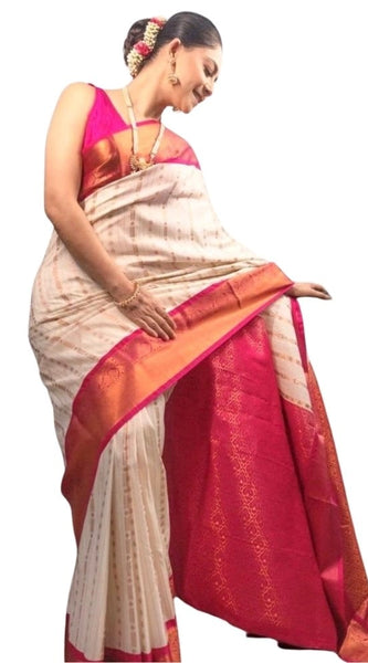 Mayawye Women's Silk Printed Saree With Unstitched Blouse 5.5Mtr (White-Pink)