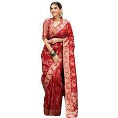 Mayawye Women's Silk Printed Saree With Unstitched Blouse 5.5Mtr (Red)