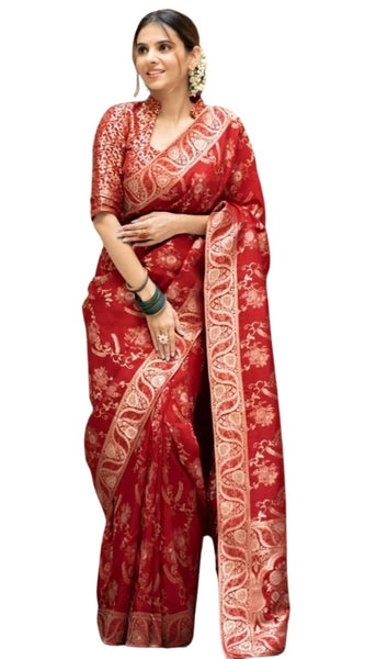 Mayawye Women's Silk Printed Saree With Unstitched Blouse 5.5Mtr (Red)