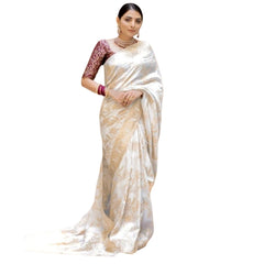 Mayawye Women's Silk Printed Saree With Unstitched Blouse 5.5Mtr (White)
