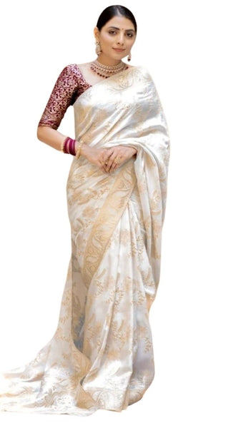 Mayawye Women's Silk Printed Saree With Unstitched Blouse 5.5Mtr (White)